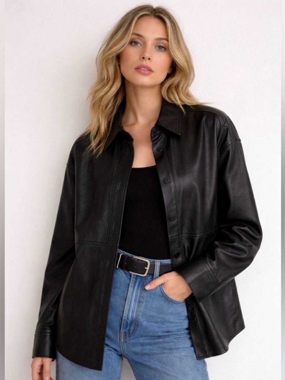 Aritzia Babaton Leather Shirt Jacket black medium